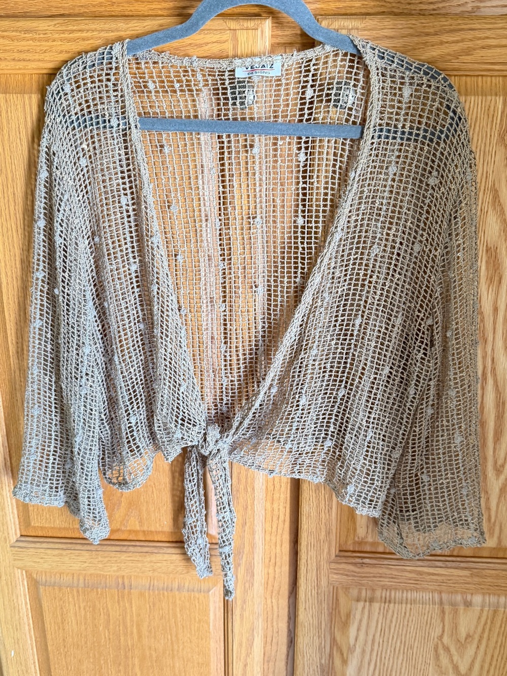 Vejaiz Taupe Open-Weave Tie-Front Shrug sparkly crochet top sweater